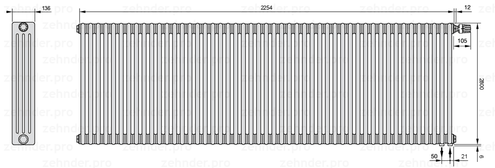 Схема (чертеж) Радиатор Zehnder Charleston 4280/49 №V002 Белый глянцевый RAL 9016